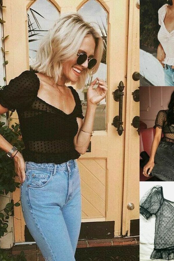 The Best Women See Through Blouse Summer Sexy Mesh Loose Short Sleeve Polka Dots V-Neck Beach Casual Short Shirt Online - Takalr