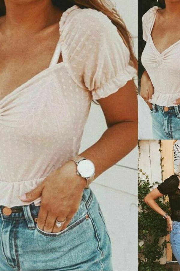 The Best Women See Through Blouse Summer Sexy Mesh Loose Short Sleeve Polka Dots V-Neck Beach Casual Short Shirt Online - Takalr