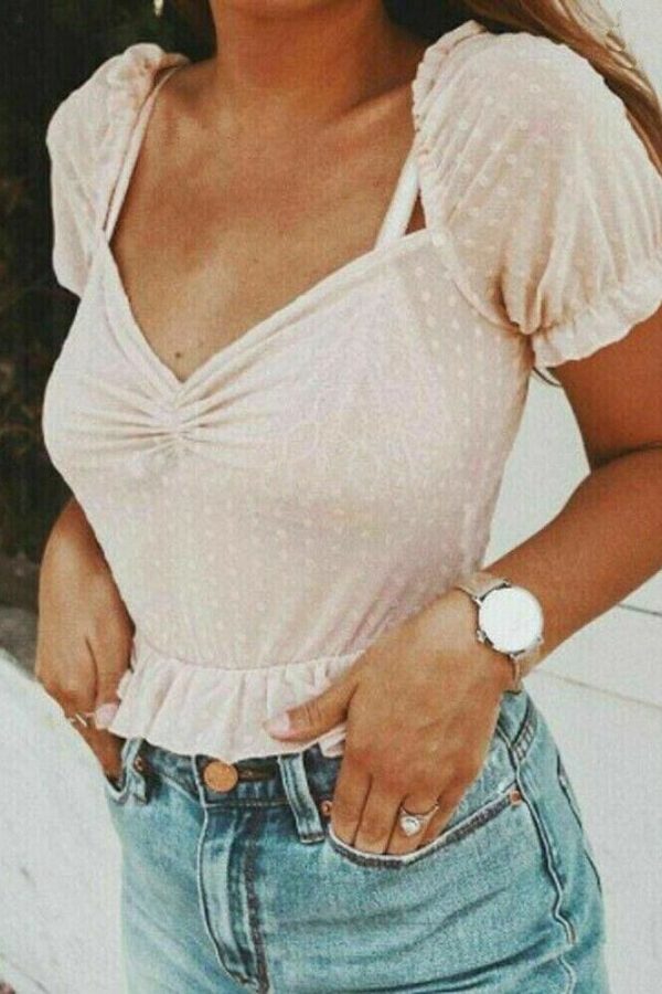 The Best Women See Through Blouse Summer Sexy Mesh Loose Short Sleeve Polka Dots V-Neck Beach Casual Short Shirt Online - Takalr