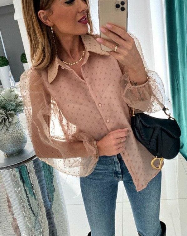 The Best Women See Through Sleeve Sheer Mesh Dot Shirt Blouse Tops OL Puff Long Sleeve Shirt V-neck Buttons Shirts Blouses Outwear 2020 Online - Takalr