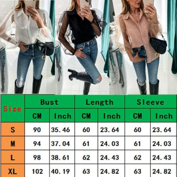 The Best Women See Through Sleeve Sheer Mesh Dot Shirt Blouse Tops OL Puff Long Sleeve Shirt V-neck Buttons Shirts Blouses Outwear 2020 Online - Takalr