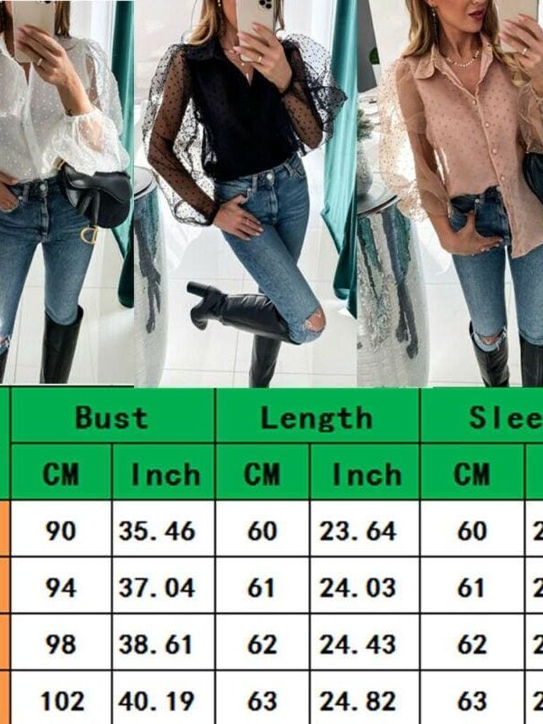 The Best Women See Through Sleeve Sheer Mesh Dot Shirt Blouse Tops OL Puff Long Sleeve Shirt V-neck Buttons Shirts Blouses Outwear 2020 Online - Takalr