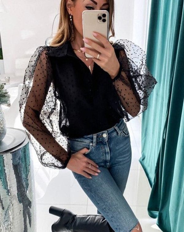 The Best Women See Through Sleeve Sheer Mesh Dot Shirt Blouse Tops OL Puff Long Sleeve Shirt V-neck Buttons Shirts Blouses Outwear 2020 Online - Takalr