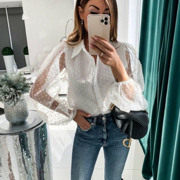 The Best Women See Through Sleeve Sheer Mesh Dot Shirt Blouse Tops OL Puff Long Sleeve Shirt V-neck Buttons Shirts Blouses Outwear 2020 Online - Takalr