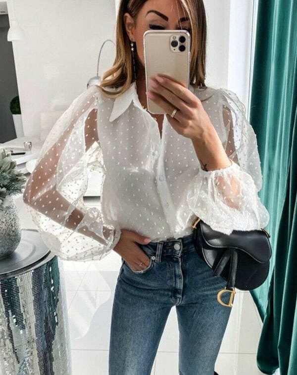 The Best Women See Through Sleeve Sheer Mesh Dot Shirt Blouse Tops OL Puff Long Sleeve Shirt V-neck Buttons Shirts Blouses Outwear 2020 Online - Takalr