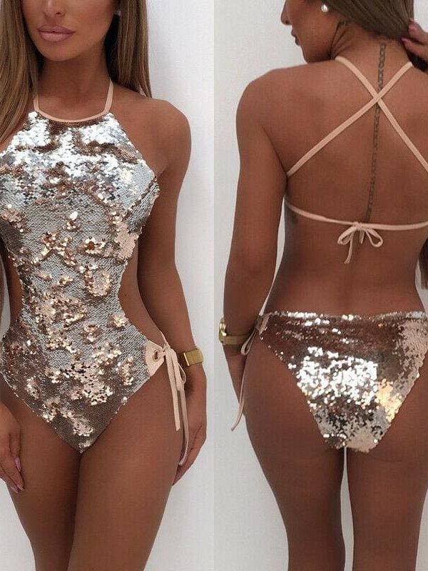 The Best Women Sequin Shiny Bikini Set One Piece Beachwear Swimsuit Backless Lace-up Gradient Monokini Women Push Up Bathing Online - Takalr