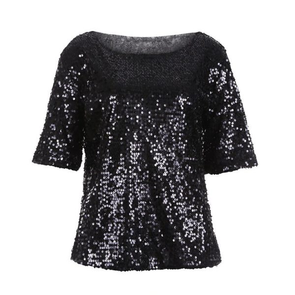 The Best Women Sequins T-shirt New Summer Loose Top Short Sleeve Shirts Ladies Casual Tops T-Shirt Women Black Silver Costume Online - Takalr