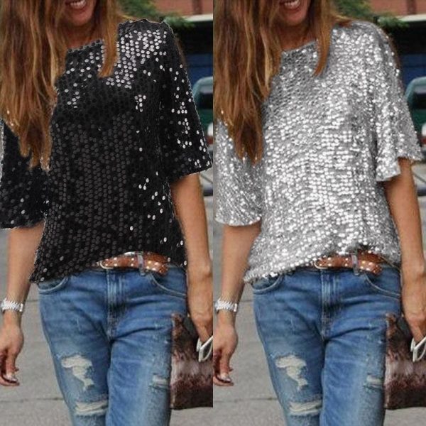 The Best Women Sequins T-shirt New Summer Loose Top Short Sleeve Shirts Ladies Casual Tops T-Shirt Women Black Silver Costume Online - Takalr