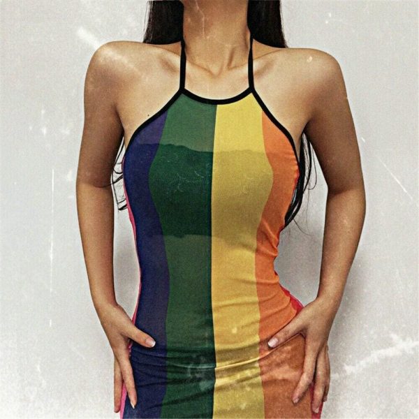 The Best Women Sexy Dress Summer Perspective Bodycon Sleeveless Rainbow Mesh Beach Slim Fit Ladies Mini Sling Dress Sundress Online - Takalr