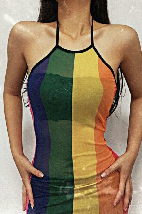 The Best Women Sexy Dress Summer Perspective Bodycon Sleeveless Rainbow Mesh Beach Slim Fit Ladies Mini Sling Dress Sundress Online - Takalr