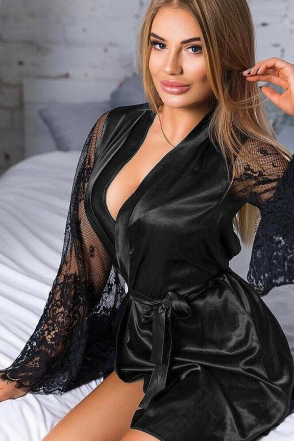 The Best Women Sexy Lingerie Long Sleeve Perspective Lace Flower Bathrobe Solid Deep V Bandgae Silk Robe Lady Nightgown Online - Takalr