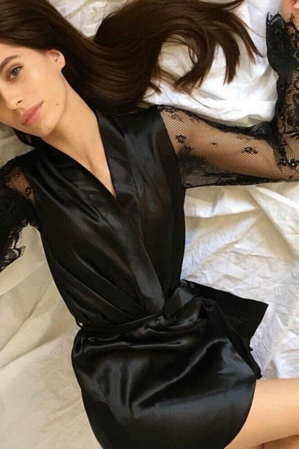 The Best Women Sexy Lingerie Long Sleeve Perspective Lace Flower Bathrobe Solid Deep V Bandgae Silk Robe Lady Nightgown Online - Takalr