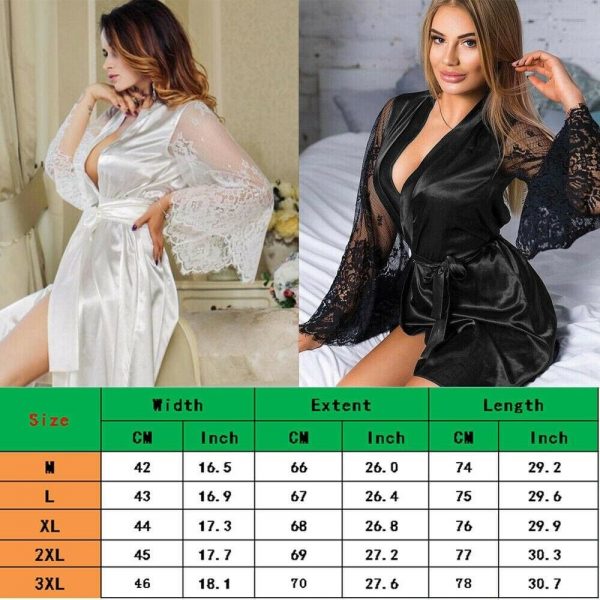 The Best Women Sexy Lingerie Long Sleeve Perspective Lace Flower Bathrobe Solid Deep V Bandgae Silk Robe Lady Nightgown Online - Takalr