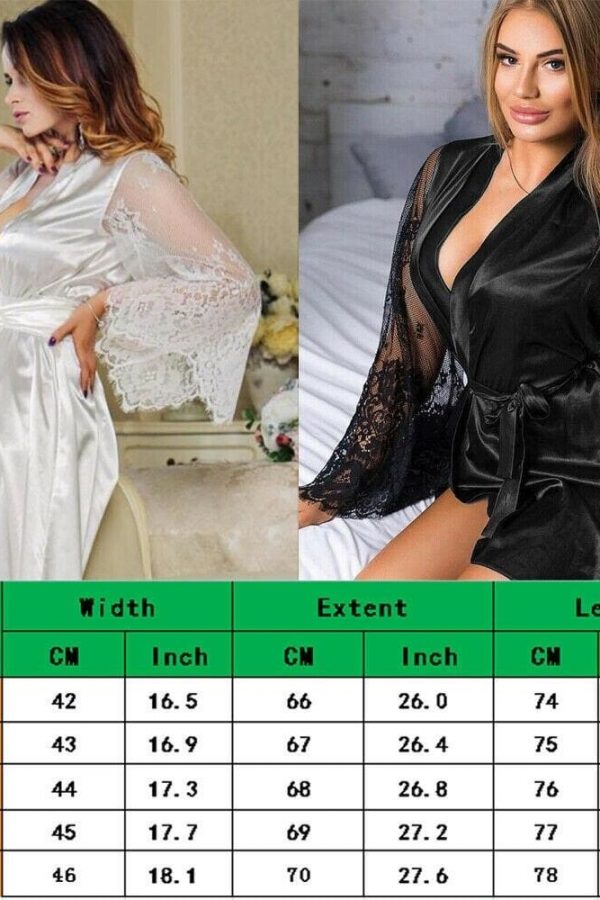 The Best Women Sexy Lingerie Long Sleeve Perspective Lace Flower Bathrobe Solid Deep V Bandgae Silk Robe Lady Nightgown Online - Takalr