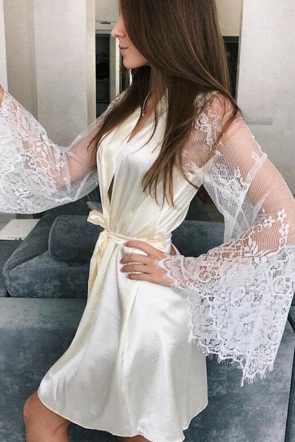 The Best Women Sexy Lingerie Long Sleeve Perspective Lace Flower Bathrobe Solid Deep V Bandgae Silk Robe Lady Nightgown Online - Takalr