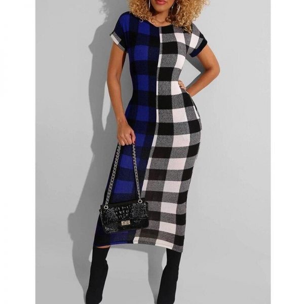 The Best Women Sexy Plaid Bodycon Dress Cotton O-neck Long Sleeve Spring Autumn Casual Slim Jumper Midi Pencil Dress Online - Takalr