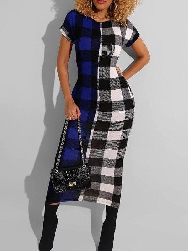 The Best Women Sexy Plaid Bodycon Dress Cotton O-neck Long Sleeve Spring Autumn Casual Slim Jumper Midi Pencil Dress Online - Takalr