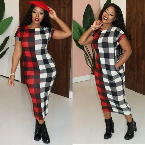 The Best Women Sexy Plaid Bodycon Dress Cotton O-neck Long Sleeve Spring Autumn Casual Slim Jumper Midi Pencil Dress Online - Takalr