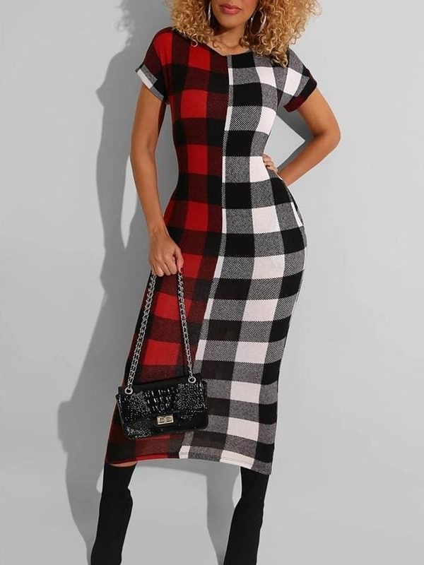 The Best Women Sexy Plaid Bodycon Dress Cotton O-neck Long Sleeve Spring Autumn Casual Slim Jumper Midi Pencil Dress Online - Takalr