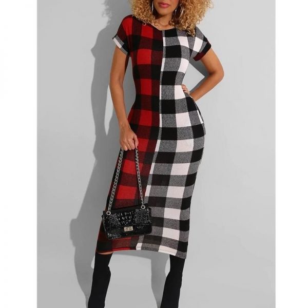 The Best Women Sexy Plaid Bodycon Dress Cotton O-neck Long Sleeve Spring Autumn Casual Slim Jumper Midi Pencil Dress Online - Takalr