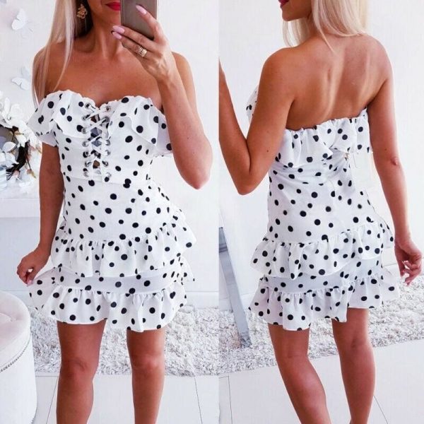 The Best Women Sexy Polka Dot Clubwear Lace Up Bandage Bodycon Dress Summer Ladies Sleeveless Holiday Beach Party Mini Dress Online - Takalr