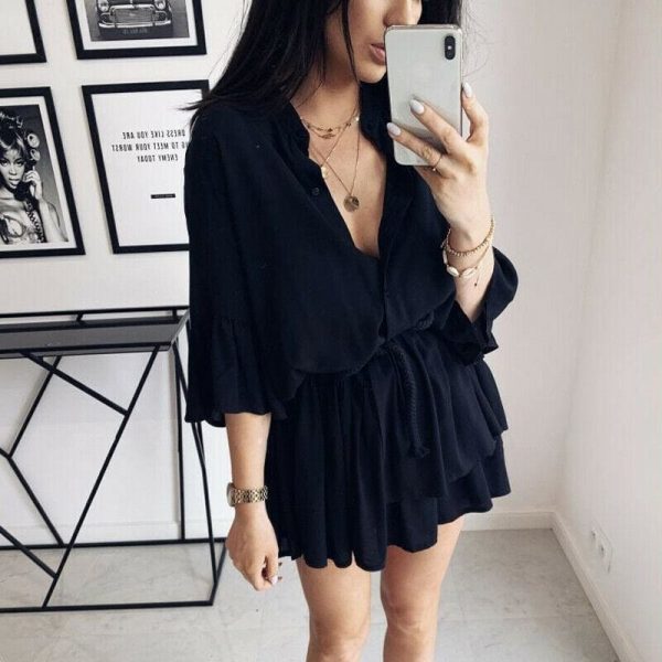 The Best Women Sexy Ruffle Office Dress Turn Down Neck 3/4 Petal Sleeve Elastic Waist Mini Pleated Dress Summer Beach Party Sundress Online - Takalr