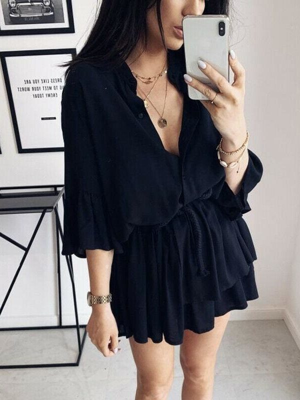 The Best Women Sexy Ruffle Office Dress Turn Down Neck 3/4 Petal Sleeve Elastic Waist Mini Pleated Dress Summer Beach Party Sundress Online - Takalr