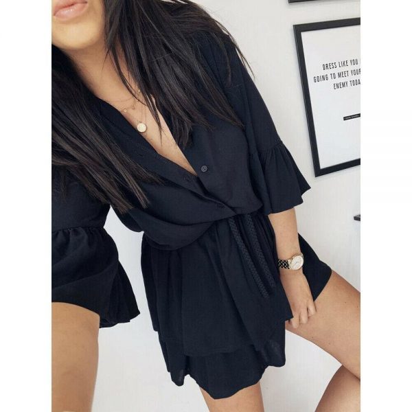 The Best Women Sexy Ruffle Office Dress Turn Down Neck 3/4 Petal Sleeve Elastic Waist Mini Pleated Dress Summer Beach Party Sundress Online - Takalr