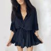 The Best Women Sexy Ruffle Office Dress Turn Down Neck 3/4 Petal Sleeve Elastic Waist Mini Pleated Dress Summer Beach Party Sundress Online - Takalr