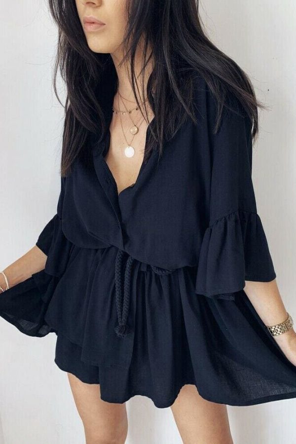 The Best Women Sexy Ruffle Office Dress Turn Down Neck 3/4 Petal Sleeve Elastic Waist Mini Pleated Dress Summer Beach Party Sundress Online - Takalr