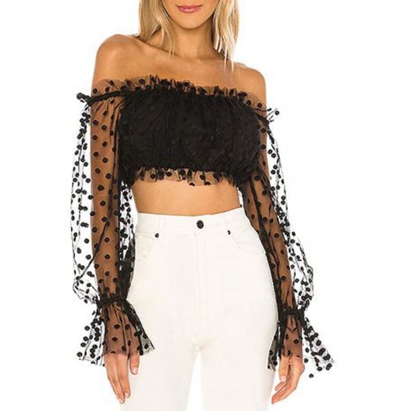 The Best Women Sexy Sheer See-through Long Sleeve Blouse Top Polka Dot Off Shoulder Tops Clubwear Online - Takalr