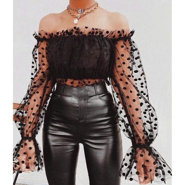 The Best Women Sexy Sheer See-through Long Sleeve Blouse Top Polka Dot Off Shoulder Tops Clubwear Online - Takalr