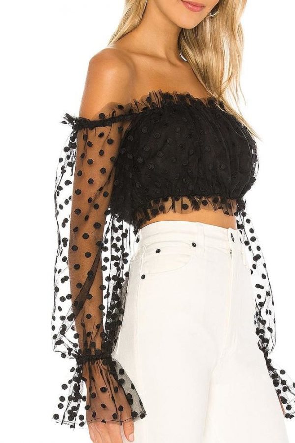 The Best Women Sexy Sheer See-through Long Sleeve Blouse Top Polka Dot Off Shoulder Tops Clubwear Online - Takalr