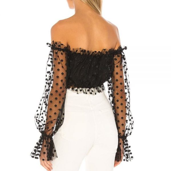 The Best Women Sexy Sheer See-through Long Sleeve Blouse Top Polka Dot Off Shoulder Tops Clubwear Online - Takalr