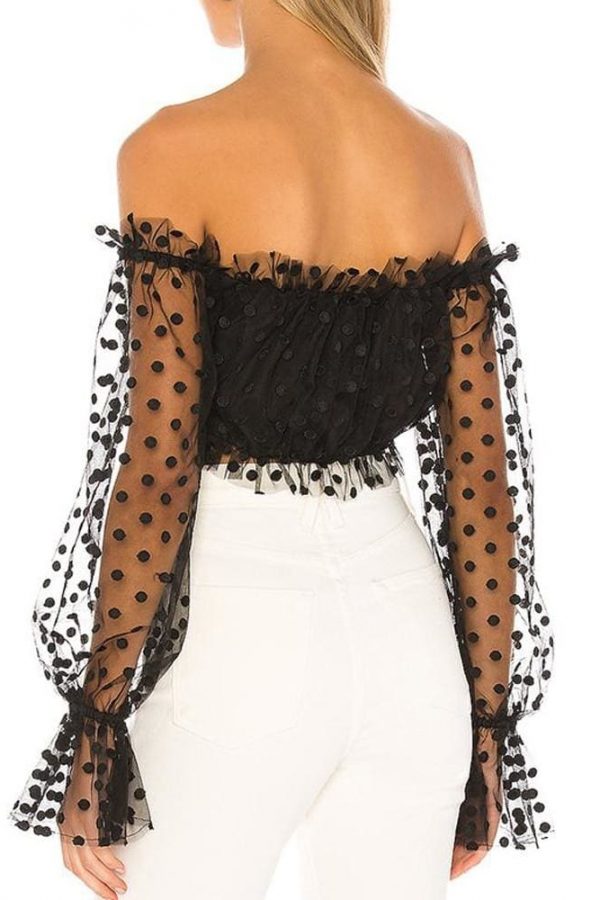 The Best Women Sexy Sheer See-through Long Sleeve Blouse Top Polka Dot Off Shoulder Tops Clubwear Online - Takalr