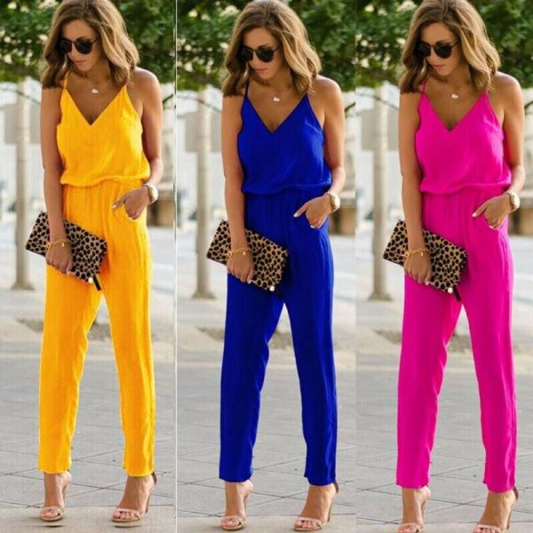 The Best Women Sexy Spaghetti Summer Sleeveless Jumpsuit Strap Wide Legs V-Neck Female Bodycon Jumpsuit Bodysuit Long Pant Trouser Online - Takalr