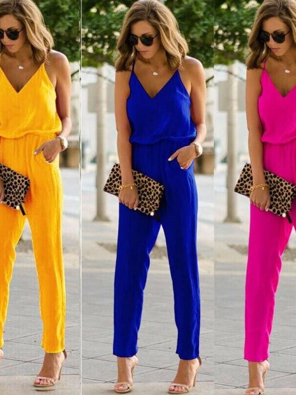 The Best Women Sexy Spaghetti Summer Sleeveless Jumpsuit Strap Wide Legs V-Neck Female Bodycon Jumpsuit Bodysuit Long Pant Trouser Online - Takalr