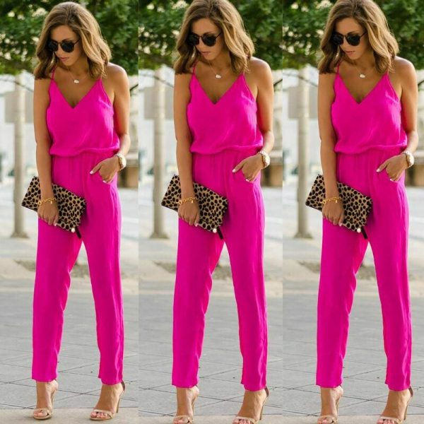 The Best Women Sexy Spaghetti Summer Sleeveless Jumpsuit Strap Wide Legs V-Neck Female Bodycon Jumpsuit Bodysuit Long Pant Trouser Online - Takalr