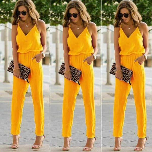 The Best Women Sexy Spaghetti Summer Sleeveless Jumpsuit Strap Wide Legs V-Neck Female Bodycon Jumpsuit Bodysuit Long Pant Trouser Online - Takalr