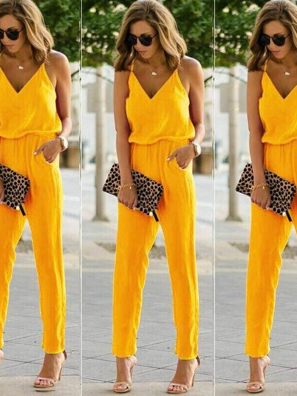 The Best Women Sexy Spaghetti Summer Sleeveless Jumpsuit Strap Wide Legs V-Neck Female Bodycon Jumpsuit Bodysuit Long Pant Trouser Online - Takalr