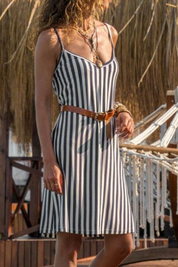 The Best Women Sexy Strappy Mini Dress Female Summer Casual Household Sleeveless Loose Stripe Short Mini Sundress Online - Takalr