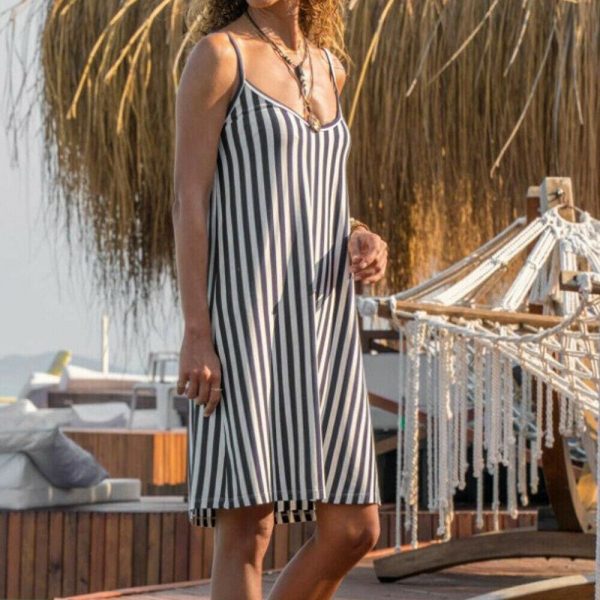 The Best Women Sexy Strappy Mini Dress Female Summer Casual Household Sleeveless Loose Stripe Short Mini Sundress Online - Takalr