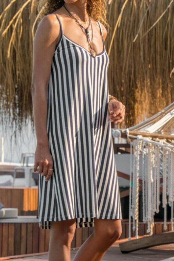 The Best Women Sexy Strappy Mini Dress Female Summer Casual Household Sleeveless Loose Stripe Short Mini Sundress Online - Takalr