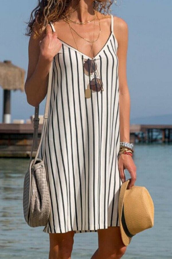 The Best Women Sexy Strappy Mini Dress Female Summer Casual Household Sleeveless Loose Stripe Short Mini Sundress Online - Takalr