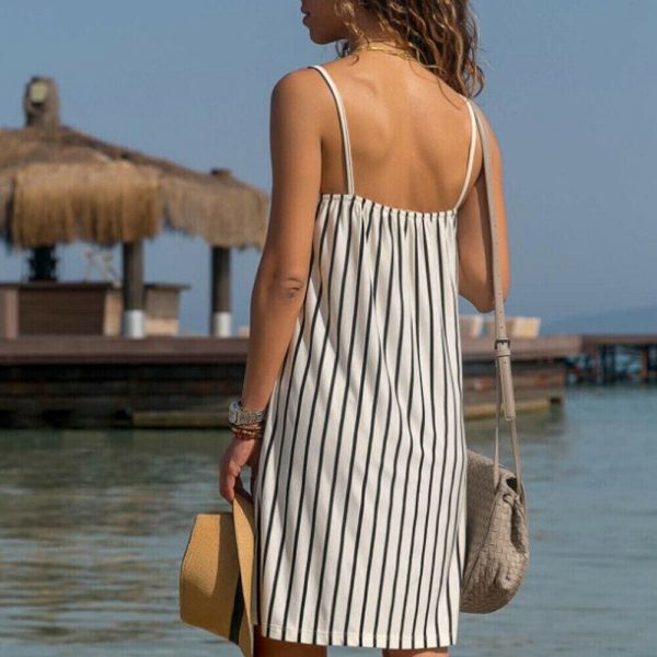 The Best Women Sexy Strappy Mini Dress Female Summer Casual Household Sleeveless Loose Stripe Short Mini Sundress Online - Takalr