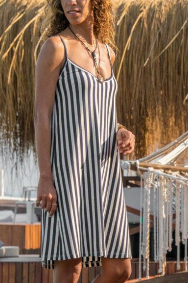 The Best Women Sexy Strappy Mini Dress Female Summer Casual Household Sleeveless Loose Stripe Short Mini Sundress Online - Takalr