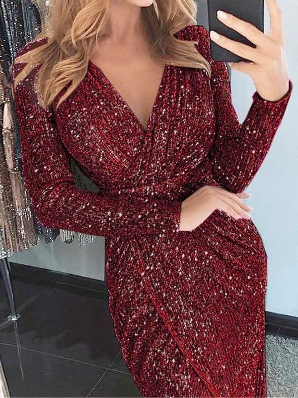 The Best Women Sexy V neck Bodycon Skinny Dress Ladies Long Sleeve Dress Online - Takalr