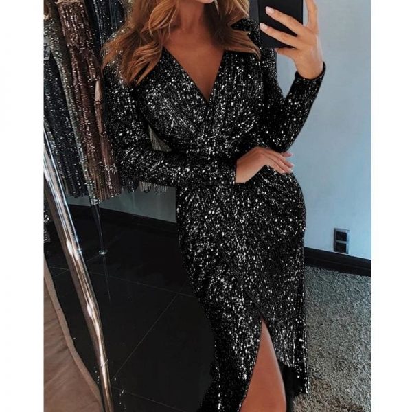 The Best Women Sexy V neck Bodycon Skinny Dress Ladies Long Sleeve Dress Online - Takalr