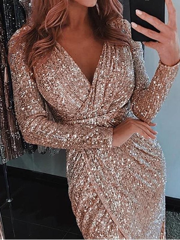 The Best Women Sexy V neck Bodycon Skinny Dress Ladies Long Sleeve Dress Online - Takalr