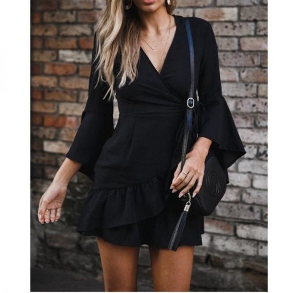 The Best Women Sexy V-Neck High Waist Wrap Mini Dress Ladies Summer Beach Floral Ruffle Dress Sundress Online - Takalr